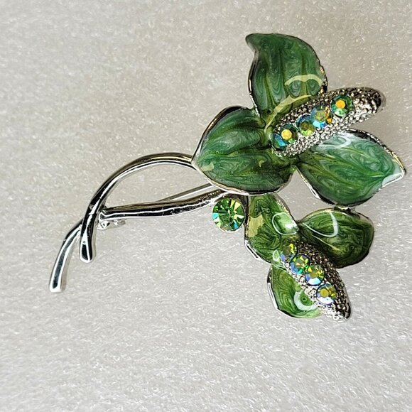 Vintage Rhinestone Floral Brooch Sparkling Green Leaves - Picture 10 of 12